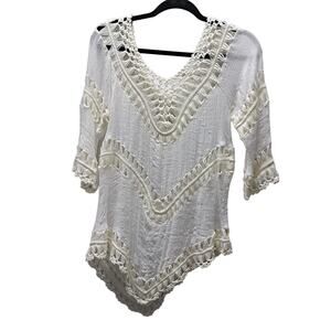 Ivory Boho CottageCore Gypsy Beach Rounded VNeck Macrame Crochet Gauze Top Read